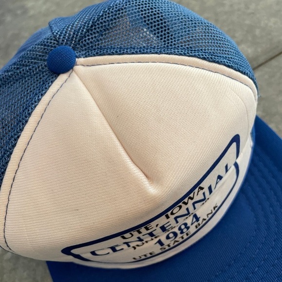 Vintage Ute Iowa 1984 Centennial State Bank Snapback Trucker Hat Blue White 80s - Picture 4 of 10